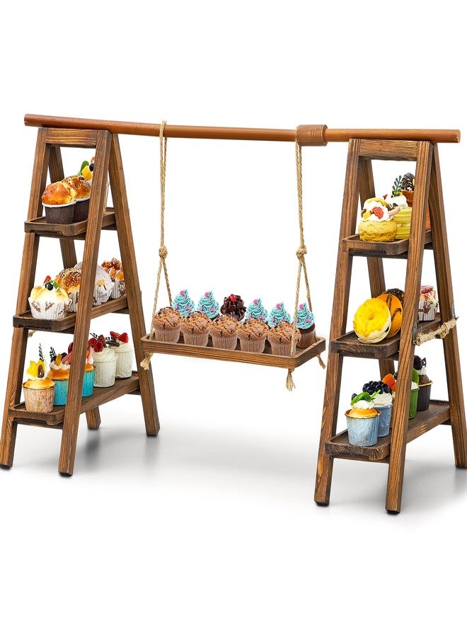Beeveer Wooden 3 Tier Swing Cupcake Stand with Serving Platter 20x30 Foldable Ladder Stand Dessert Display Cake Snack Fruit Bread Centerpieces for Party, Birthday, Wedding, Baby Shower(Dark Walnut) - Image 1